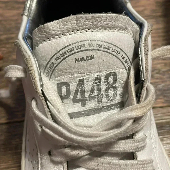 P448 White‎ Leather Sneakers Low Top Casual Shoes Silver Trim Size 36 - Picture 3 of 8